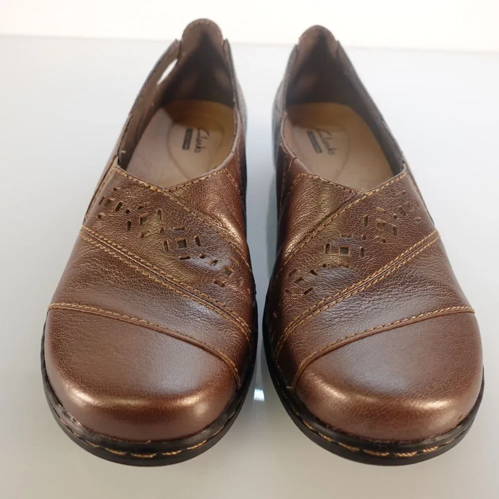 Women's Clarks Evianna Fig Leather Slip on Comfort Shoes Pewter Size 8 Narrow